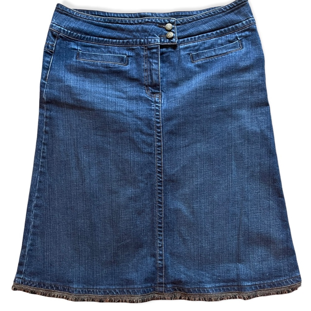 Cabi Womens Size 14 Denim Skirt With Fringe Hemline 2 Back Pockets 2 Buttons EUC